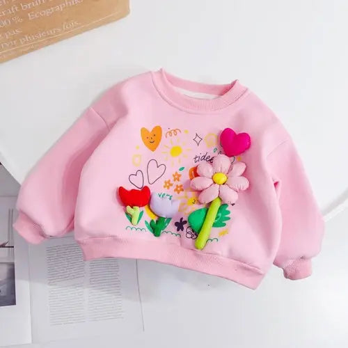 Baby Girl Flower Patched Pattern Thickened Autumn Hoodies Chocolate Lily