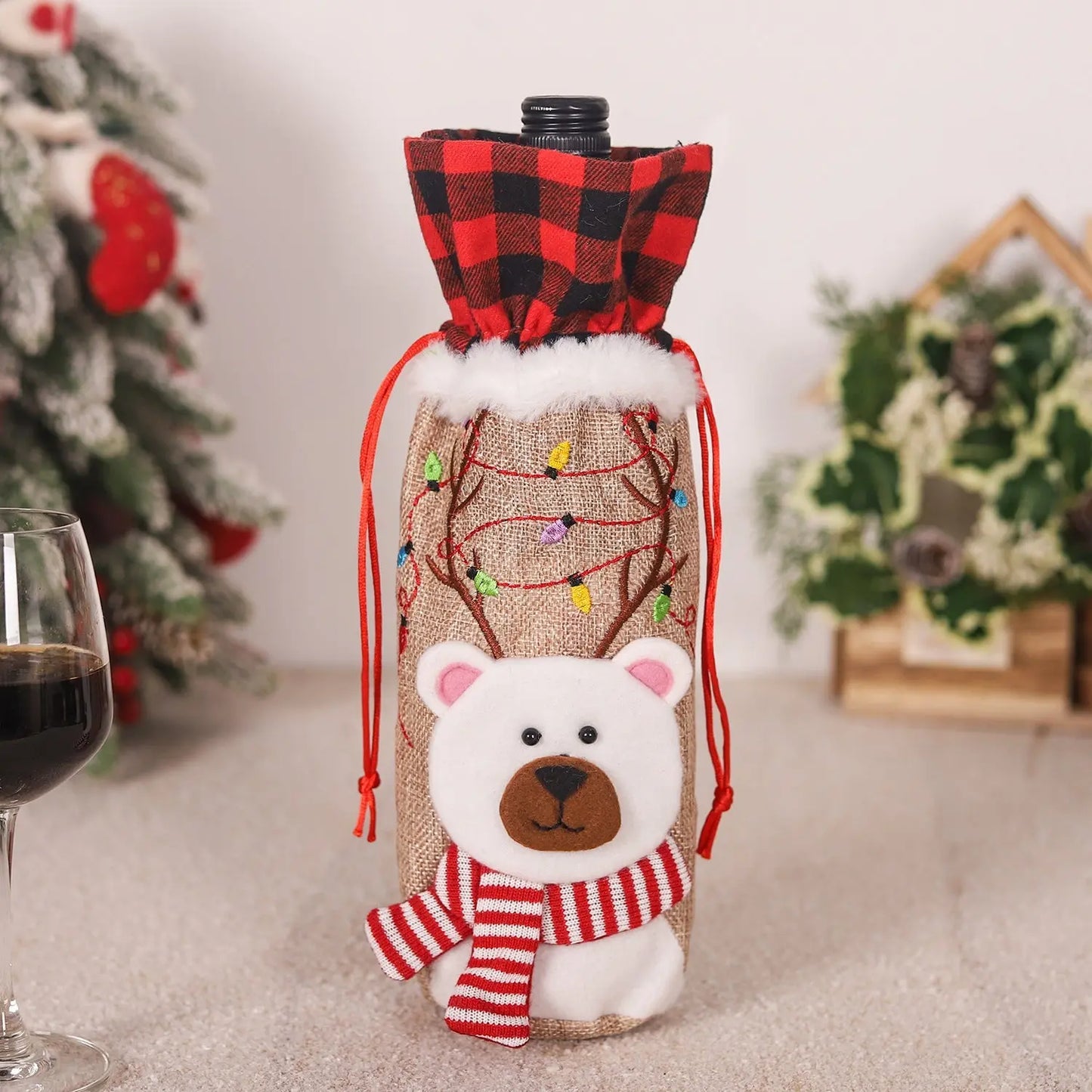 Red and Black Checkered Burlap Wine Bottle Embroidered Christmas Doll Chocolate Lily