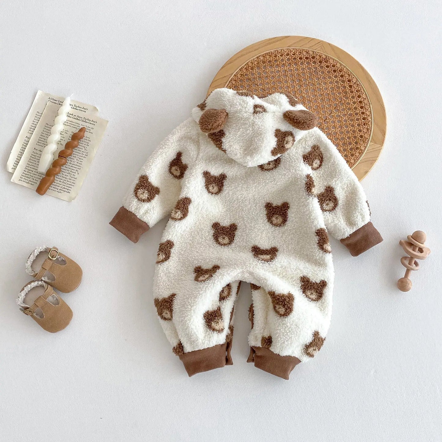 Winter New Arrival Baby Cute Teddy Hooded Design Warm Fleece Rompers Chocolate Lily