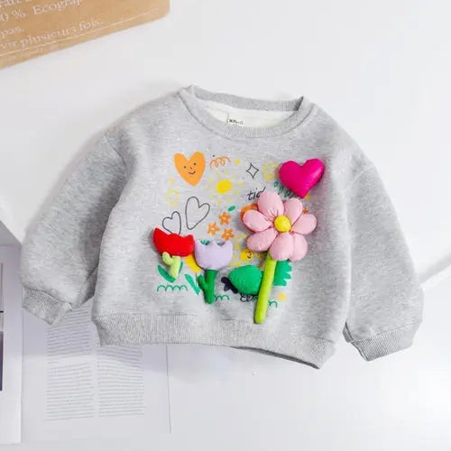 Baby Girl Flower Patched Pattern Thickened Autumn Hoodies Chocolate Lily