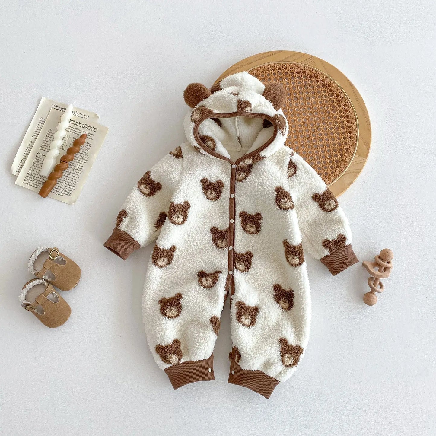 Winter New Arrival Baby Cute Teddy Hooded Design Warm Fleece Rompers Chocolate Lily