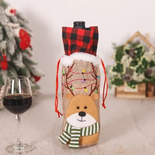 Red and Black Checkered Burlap Wine Bottle Embroidered Christmas Doll Chocolate Lily