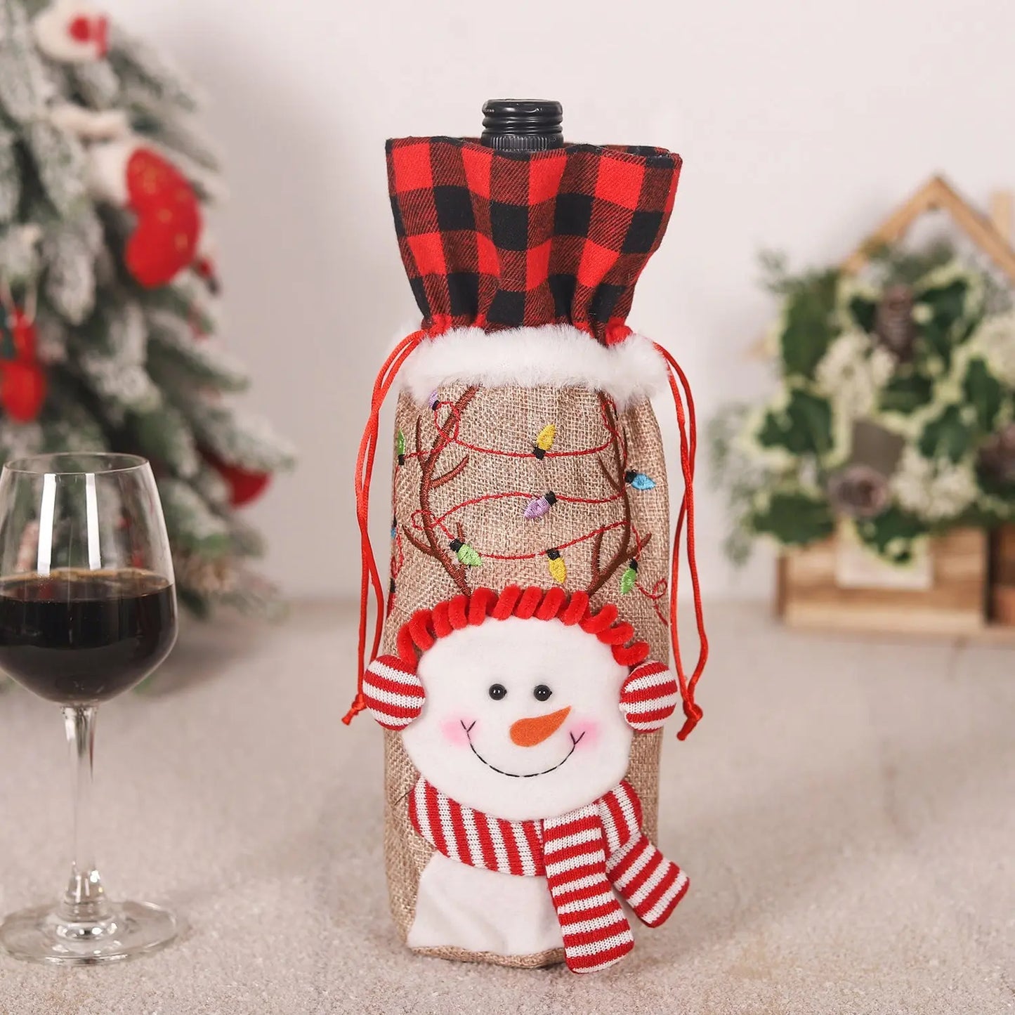 Red and Black Checkered Burlap Wine Bottle Embroidered Christmas Doll Chocolate Lily