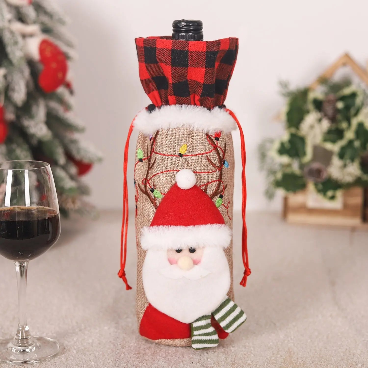 Red and Black Checkered Burlap Wine Bottle Embroidered Christmas Doll Chocolate Lily