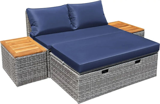 Patio Day Bed with 2 Side Tables Outdoor Daybed Set MultifunctionalRattan Lounge Bed for Backyard Porch Poolside Lawn Beach The Zebra Effect